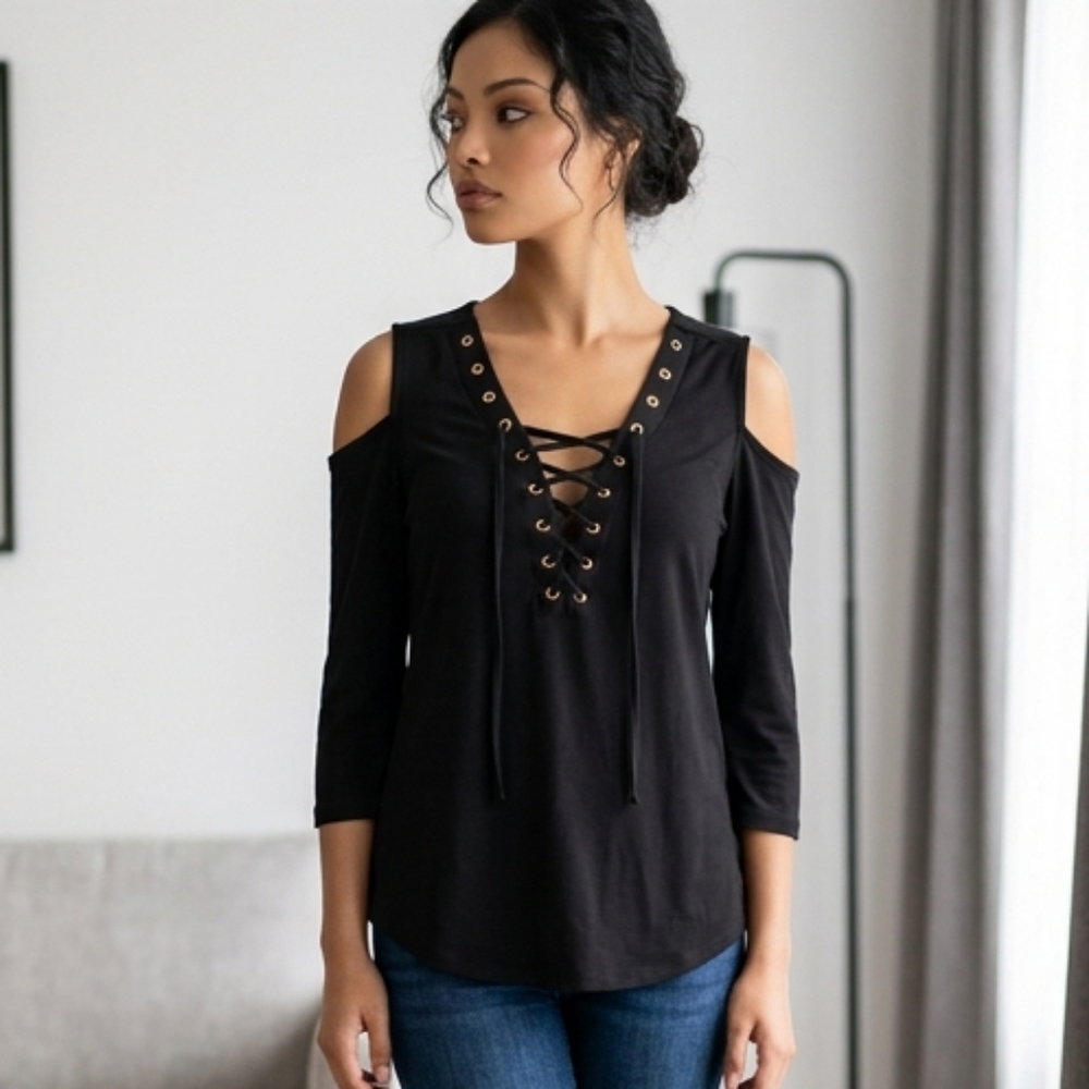 Black cold shoulder tie lace up shirt. 3/4 sleeves